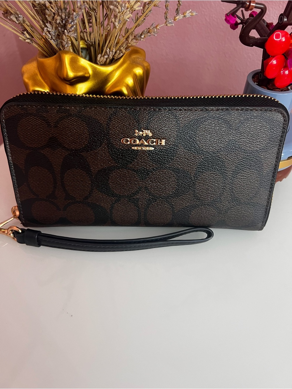 COACH Signature Zip Wristlet Wallet in Brown/Black